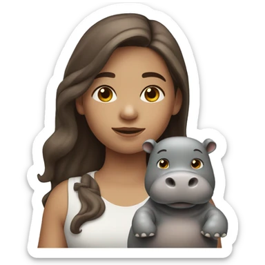 a girl with brown hair with a small toy gray hippopotamus in her hands sticker