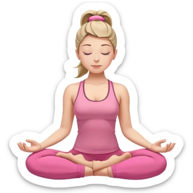 white woman with ponytail hairstyle in lotus position meditation yoga pose, closed eyes, relaxed face, wearing pink yoga outfit sticker