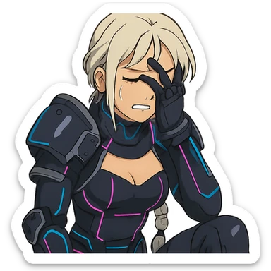  she is wearing armor, maximum power , facepalm smh, eyes closed and tearing up, a closeup portrait of young woman with gold yellow eyes, white hair, long braid, black off-shoulder top d-cup, punk gothic style, futuristic cyberwave cyberpunk, sitting position sticker