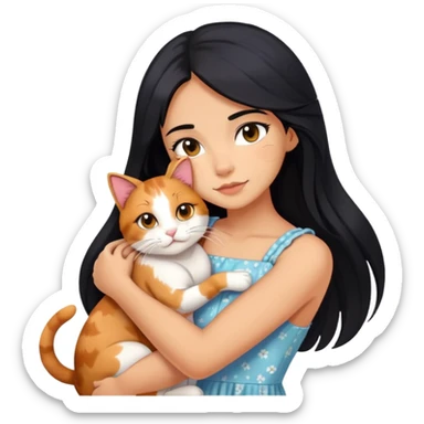 A beautiful girl with long black hair wearing a sun dress hugs a calico sticker