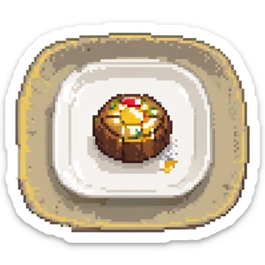 pixel art of a small pudding on a white plate, minimal details sticker