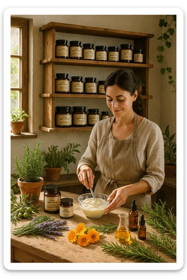 A realistic, high-quality photo of a small artisan skincare laboratory in Italy, with wooden shelves displaying beautifully packaged glass jars of natural creams made with herbal and botanical extracts, olive oil, and essential oils, clearly labeled ‘100% Natural’ and ‘Artisan Made in Italy’. The scene includes a bright, sunlit rustic workspace with plants, fresh lavender, rosemary, calendula flowers, and olive branches on the wooden counter, symbolizing purity and nature. A female artisan in a linen apron is carefully mixing creams in a glass bowl, smiling softly. The environment feels warm, authentic, and eco-friendly, emphasizing the concept of handcrafted skincare without synthetic chemicals in italiano sticker