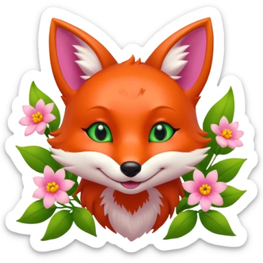 Smiling Pink Fox with green eyes and orange  flowers  sticker
