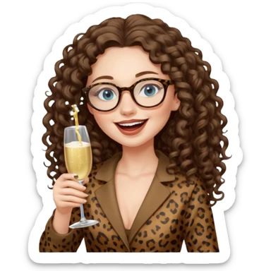 a blue eyed woman with very long brunette curly hair, full lips,and really pale skin. She is wearing a leopard printed thin round-ish glasses . She is wearing fully brown clothes. She is celebration sth with a bottle of champagne and laughing sticker