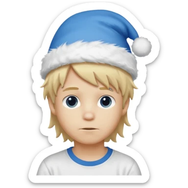 create boy blonde hair long messy, light eyes, white t shirt, rich, long hair, eyes blue, acessory head cristimas blue hat, fluffy hair medium long hair sticker