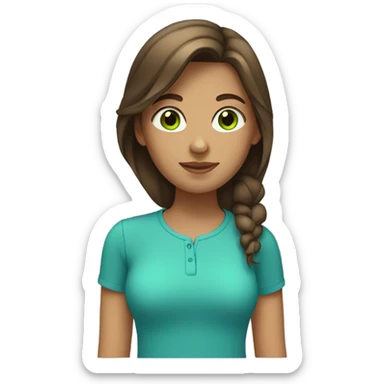 Girl with medium length brown hair, green eyes, tan skin and a blue shirt sticker