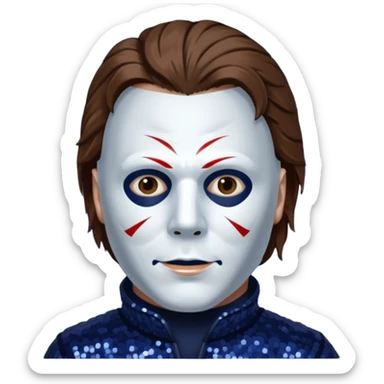 Michael Myers with white mask with brown hair, dark indigo sequin outfit  sticker