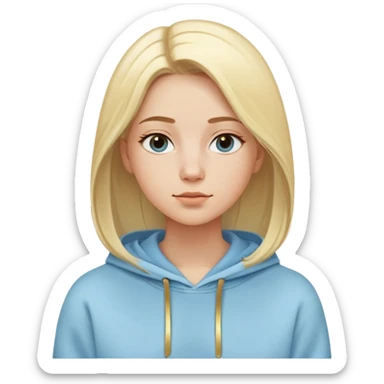 Woman with oval face, light blonde straight hair parted to the side, dreamy expression, wearing a light blue hoodie with gold and white accents sticker