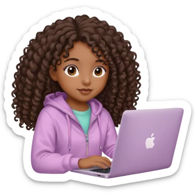 cute black girl with long curly hair, sitting at an Apple laptop, wearing pastel soft aesthetic clothing sticker