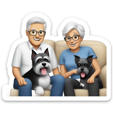 Two grandparents with grey hair sitting on the couch watching the superbowl with their schnauzer black and white dog￼ sticker