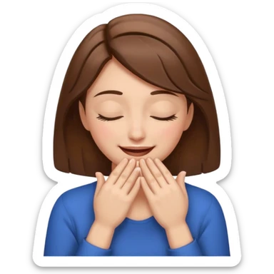 femenine smiling face posing with hands under chin, eyes closed like enjoying and brown hair  sticker