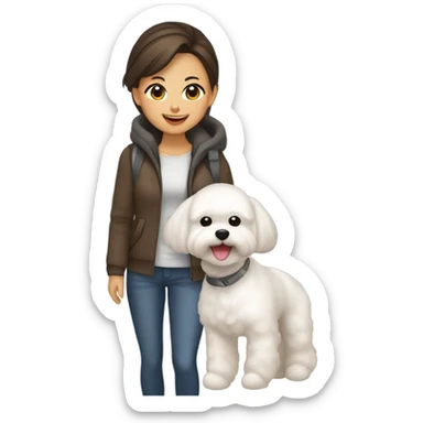 A hair-in-a-bun Asian woman, with brown hair, holding a cute and happy Bichon Frise at the airport  sticker