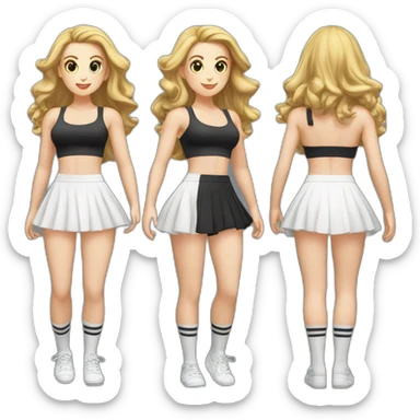 alistic-full-body-caucasian-curvy-beauty-jumping-short black-skirt-back-and-front-views-strong-wind-knickers-long-white-socks sticker