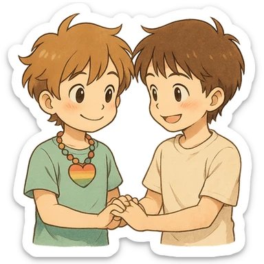 Anime boy holding hands with another boy, both smiling, heart-shaped rainbow necklace, blushing, cute and friendly expression, no background, detailed anime style with soft shading and warm colors. sticker