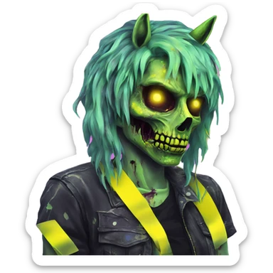 .Zombie_ Vaporwave black holographic oilslick zombie unicorn yellow caution tape sticker