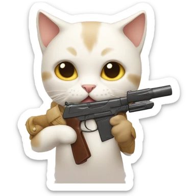 Beige white Cat with toy gun sticker
