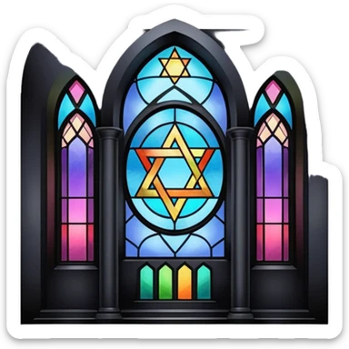 jewish synagogue temple in dark goth aesthetic style with black building and very light tint rainbow stained glass windows. and star of david and celestial symbolism sticker