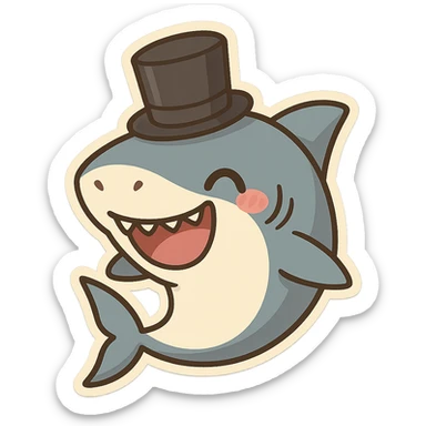 a fun and expressive shark wearing a top hat sticker