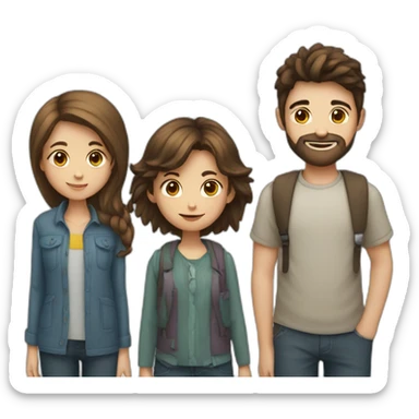 Three friends, a girl with long hair, a boy with short brown hair, a boy with short dark hair and beard sticker