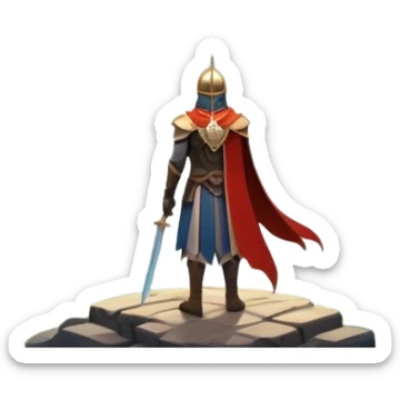 An icon featuring a hero with a closed visor, standing in a majestic, mystical landscape, inspired by RPGs like Elden Ring. The design includes a stunning, ethereal background with towering castles and distant mountains, symbolizing the adventure and mystery. Transparent background sticker