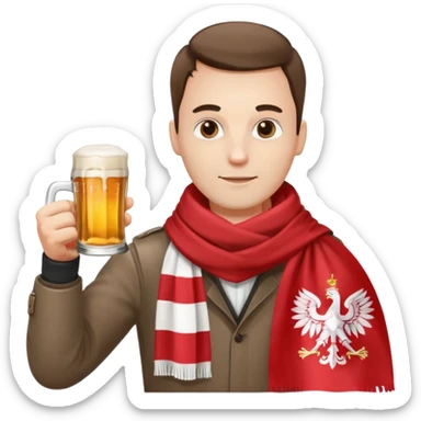 A man wearing a red and white scarf holding a Polish flag in one hand and a beer in the other sticker