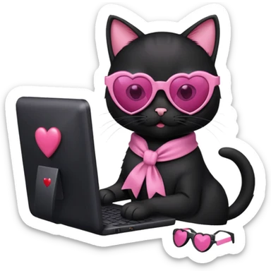 Black cat with pink ribbon and sunglasses doing pink computer with pink heart sticker