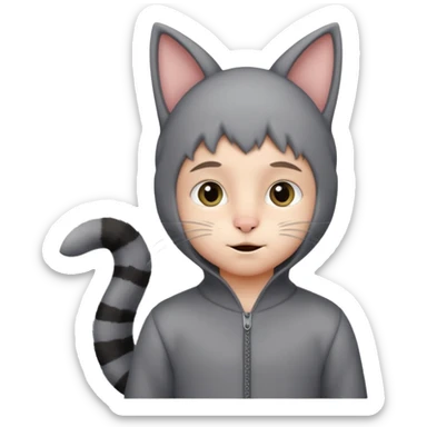 little kid Boy in gray cat suit with tail and ears sticker