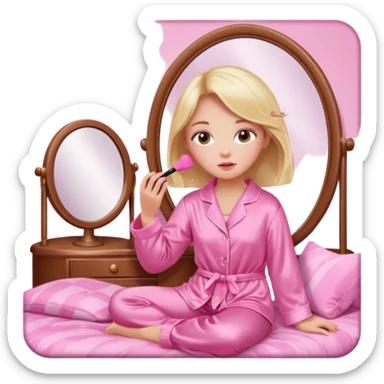 Show me a picture or a girl cat sitting in a cute room doing makeup into a pink little mirror wearing pink silky pajamas in a pink blanket sticker