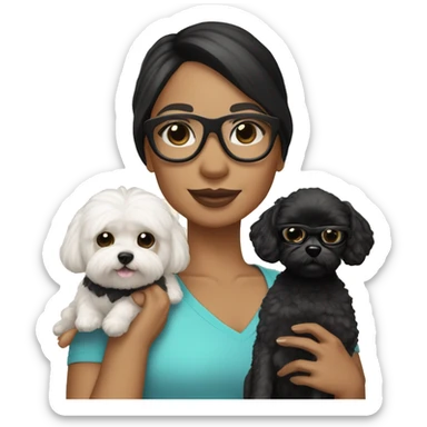 Tan skinned woman with black straight hair and black cat eye glasses holding white MaltiPoo dog sticker