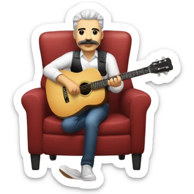 Señor con pelo y bigote blanco tocando guitarra sentado en una silla sticker