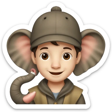 A boy that has a elephant hat that has a trunk sticker