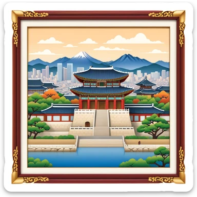 Cinematic Realistic Gyeongbokgung Palace Landmark Emoji, rendered with traditional Korean architecture, ornate wooden carvings, and vibrant colors, set against the backdrop of modern Seoul with soft evening light. sticker