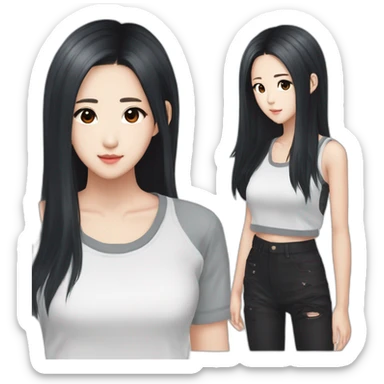 Kim jisoo idol with long but wolf cut bandgs with black hairs and with white sweatshort hair sticker