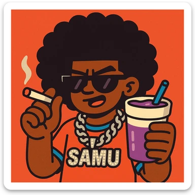cool character with a big curly afro, iced-out 'samu' chain, holding a purple drink and a joint, modern hip-hop illustration style sticker