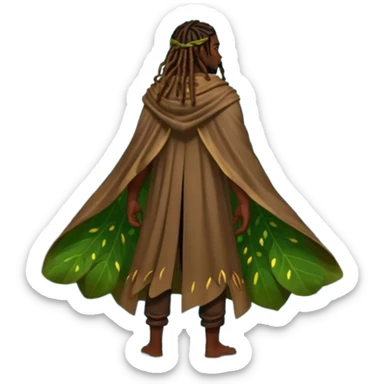 full body woodland character, dark skin man with dreadlocks, from behind, open back leaf cloak, wet skin shine, fireflies around sticker