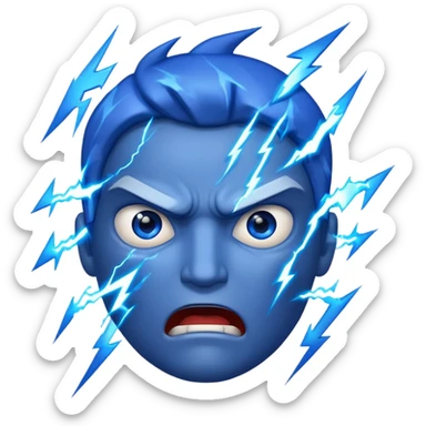 Rayos, centellas y estrellas en una cara color azul con expresiones de furia sticker
