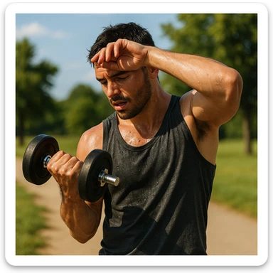 uomo fitness che si allena in estate, tutto sudato, con una mano fa un curl manubri mentre con l'altra mano si asciuga il sudore dalla fronte, espressione affaticata in volto sticker