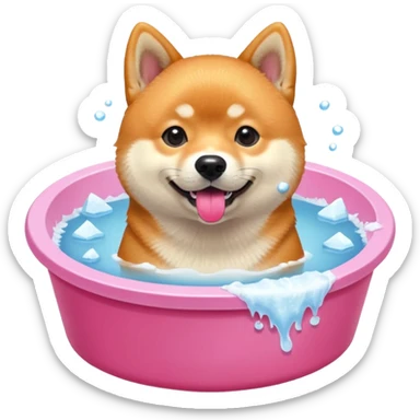 ice bath with a dog in id from wood round. write ice bath  on the ice bath and make it high quality. the dog is a shiba inu. the ice bath has a lot of ice and on the floor sticker