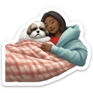 Shih tzu dog and human woman sleeping on couch with fluffy blanket Christmas sticker