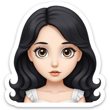beautiful and pretty woman with big eyes, long wavy black hair, gray eyes, and wearing a white dress sticker