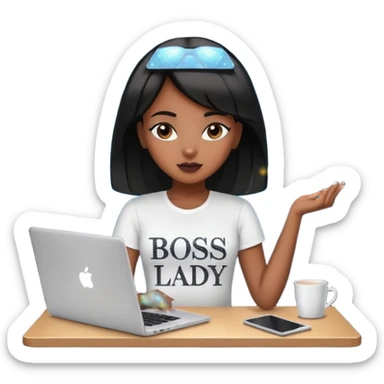 black pretty girl working hard with sparkles on laptop "boss lady" spelled out on shirt sticker