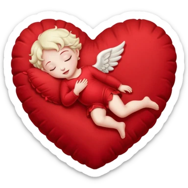 A lifelike photograph shows a pale Cupid sleeping on a giant, soft, heart-shaped cushion. sticker