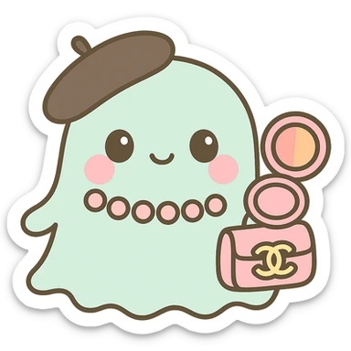 Move the blush compact to the ghost's other hand. Make the blush inside the compact half pink and half orange. Keep the black beret and pink Chanel purse. Kawaii style with no background. sticker