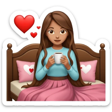 Un emoji de una chica con el pelo castaño y largo y suelto así como vestida como una that Girl y un café con dibujo de corazón y una cama aesthetic modo vida perfecta sticker