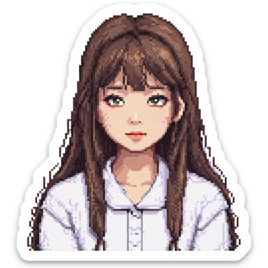 pixel art Asian girl with long hair and thin bangs, round eyes, no double eyelids sticker