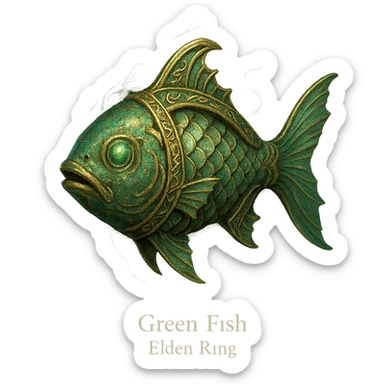 Elden Ring talisman, Green Fish, detailed fantasy accessory, ornate, mystical, inspired by in-game item sticker