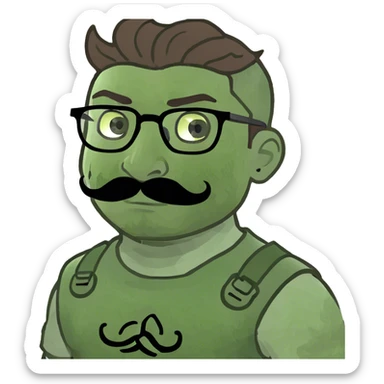 Boy with brown hair and green eyes and glasses who is warriror and with mustache sticker