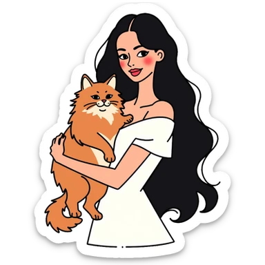 beautiful girl with long black hair wearing a white dress holding an Abyssinian cat with reddish-brown fur in her arms sticker