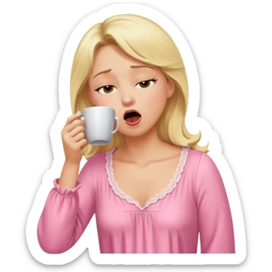 A blonde woman in a pink nightgown yawns, looking sleepy with dark circles under her eyes, drinking coffee, looking like she just woke up sticker