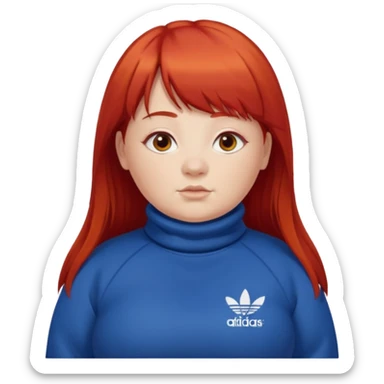 Crie um emoji de uma menina gordinha com o cabelo vermelho longo com uma franja reta casaco de gola alta da adidas sticker